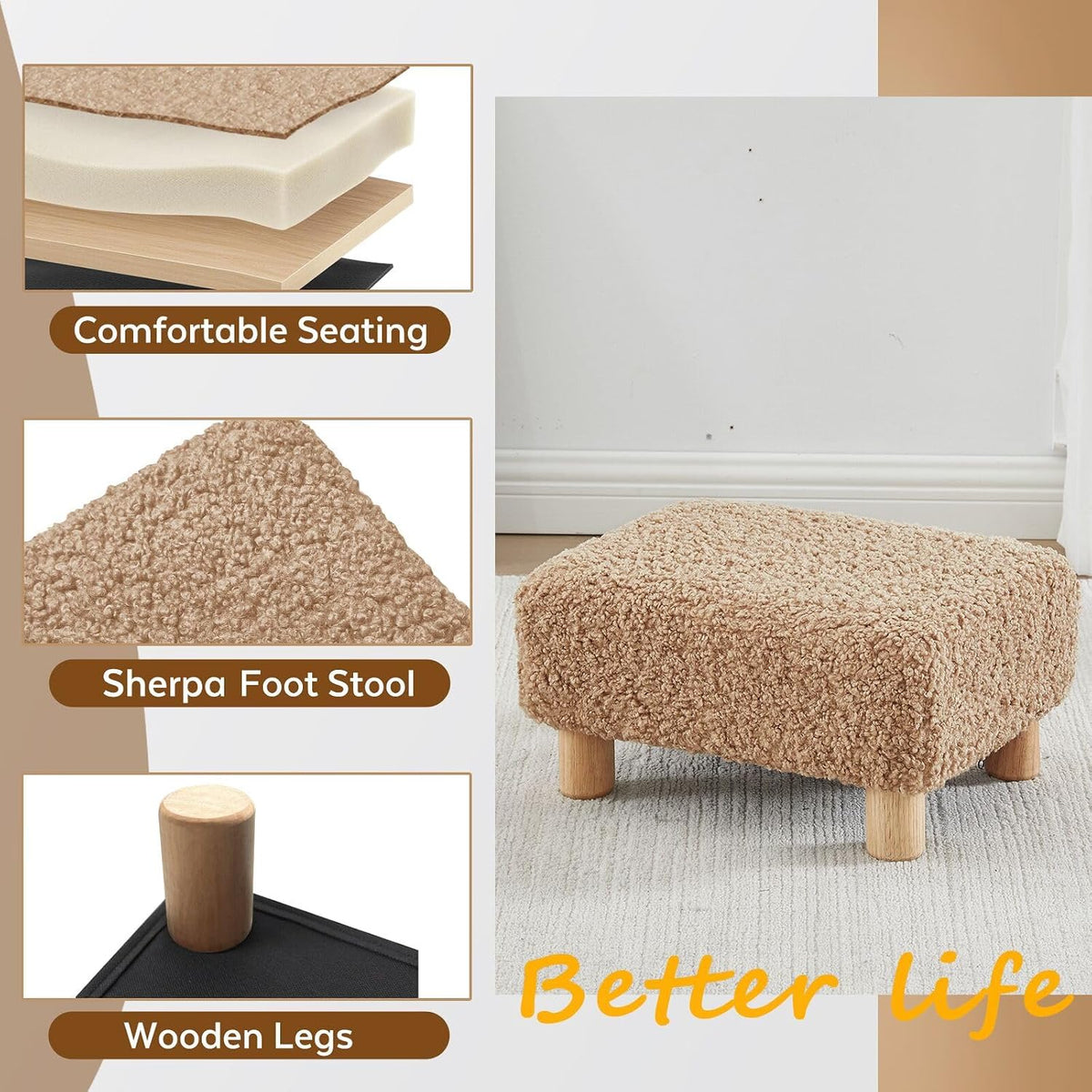 Small Foot Stool Ottoman, Sherpa Footstool Ottoman Foot Rest for Couch, Recta...