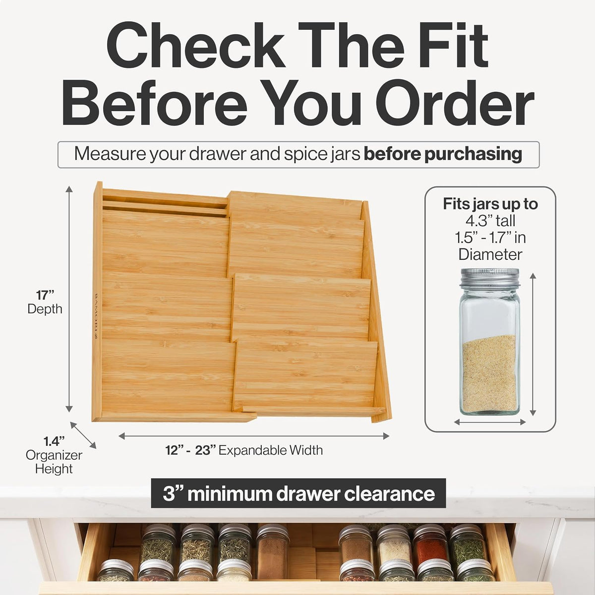 Bamboo Spice Drawer Organizer, Expandable 12 to 23 Inch Insert Holds 48 Jars,...