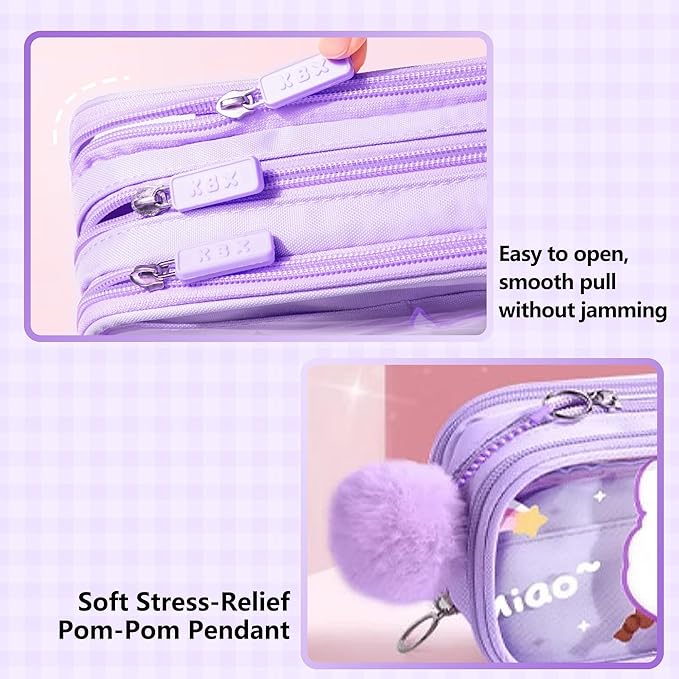 UINSUE Cute Pen case Adorable Bunny Transparent 3-Layer Large Capacity Pencil - Image 5