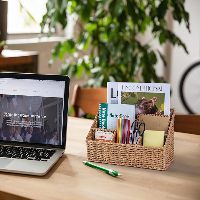 DINGTAI Rattan Desk Organizer, Tabletop Mail Holder, 5 Slot Mail Organizer - Image 2