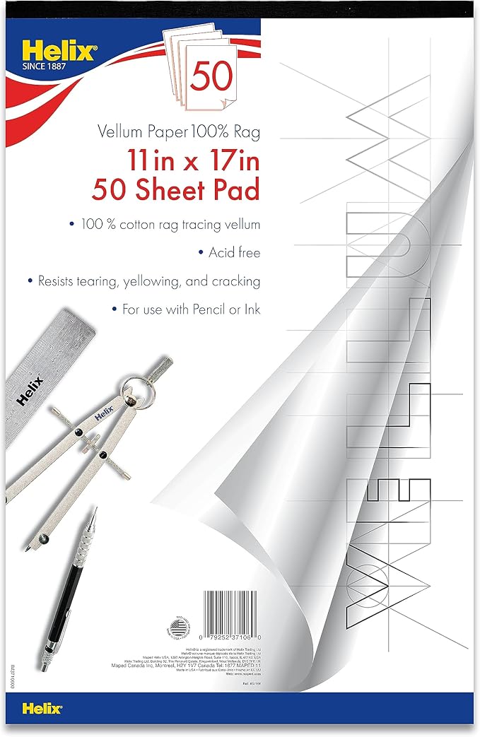 Helix - 100% Rag Vellum Paper Pad - 11 Inch x 17 Inch - 50 Sheet Pad - by MapedHelixUSA