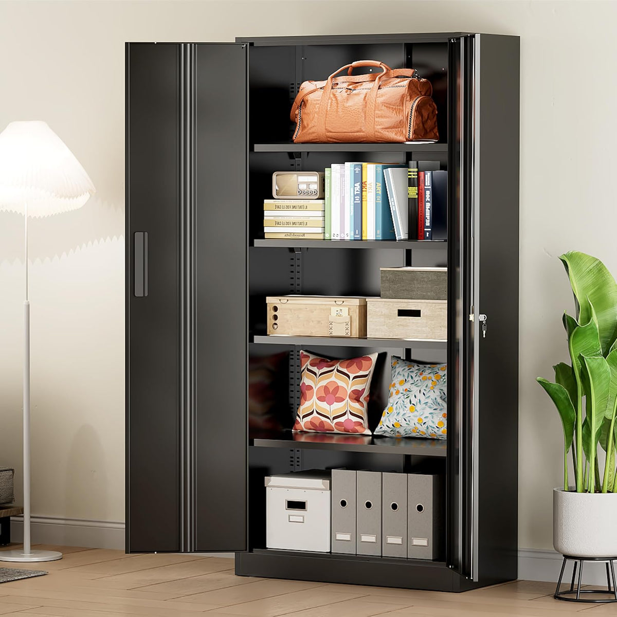 greenvelly metal cabinet, 72" black locking metal storage on a desk or shelf