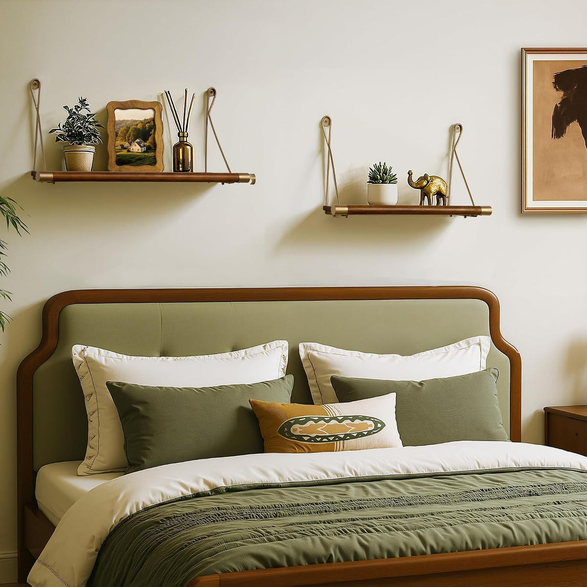 Afuly Walnut Floating Shelves for Wall Mid Century Modern Decor Brass Shelf