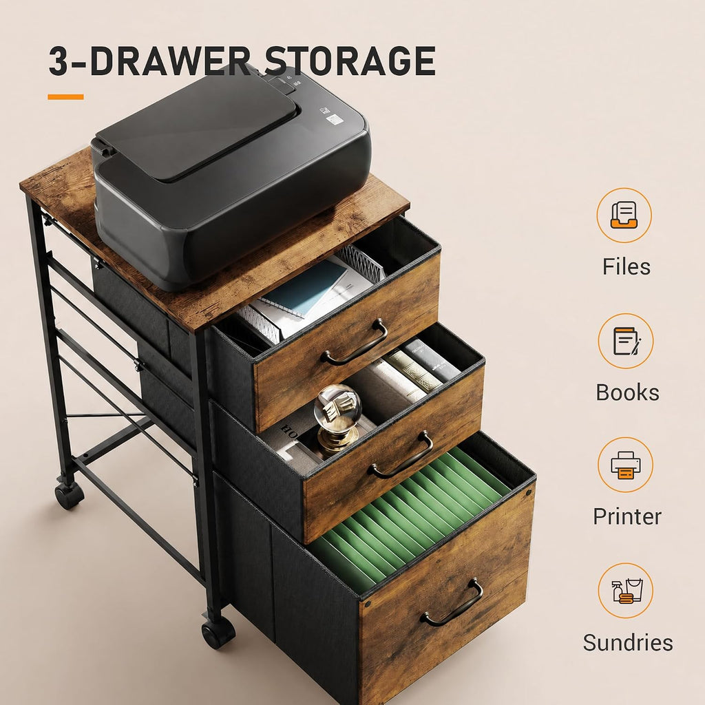 DEVAISE 3-Drawer Mobile File Cabinet, Rolling Printer Stand, Rustic Brown | Fabric vertical filing cabinet with 3 drawers, wood desktop, steel frame, fits A4/Letter, Under Desk Storage for home office