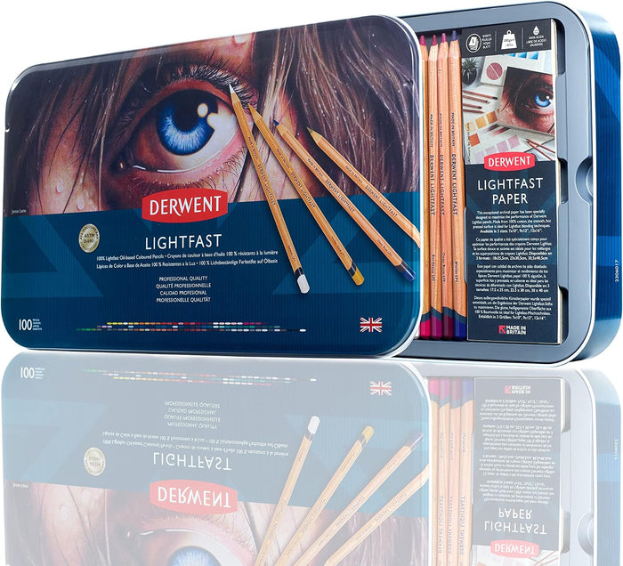 Derwent Lightfast Colored Pencils 100 Tin, Set of 100, 4mm Wide Core, 100% Lightfast, No Fade for 100 Yrs, Oil-based, Premium Core, Creamy, Ideal for Drawing, Coloring, Professional Quality (2306017)