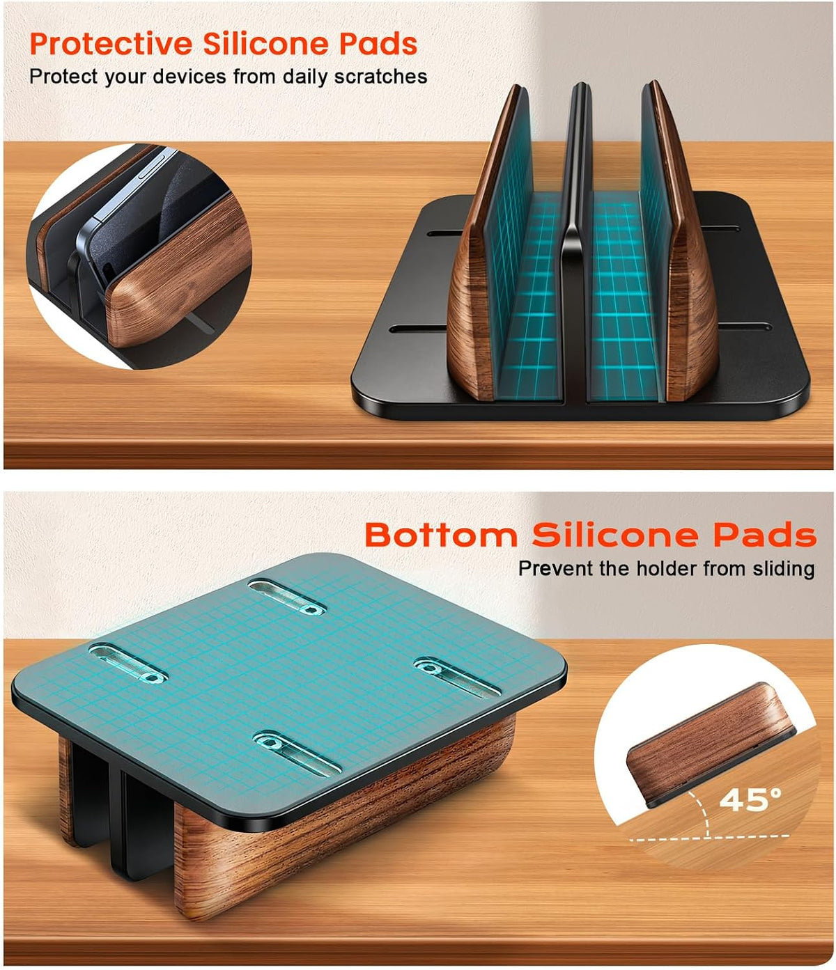 JCZT Vertical Laptop Stand, Walnut Dual Laptop Holder, Black