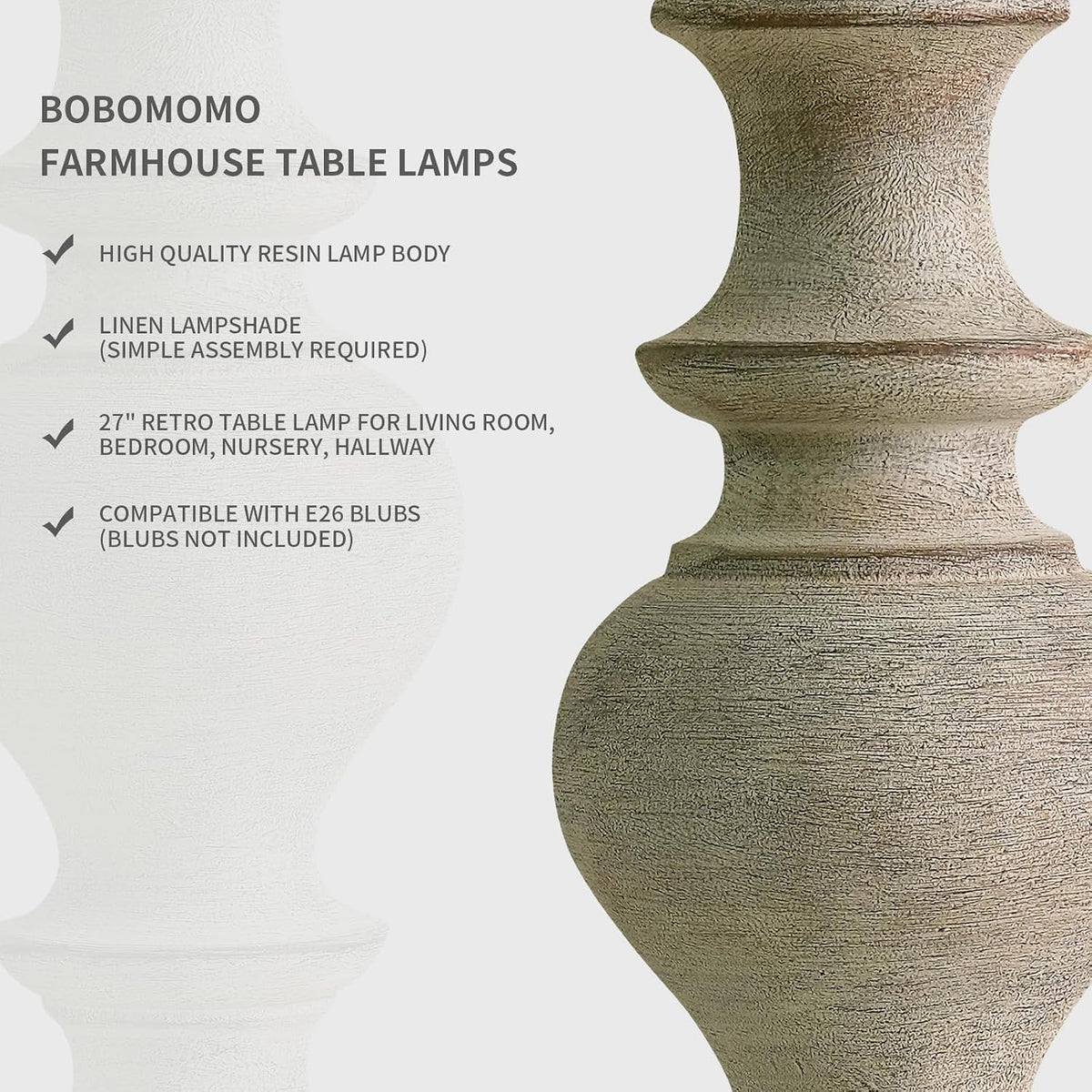 BOBOMOMO 27" Antique Gray Table Lamps Set of 2, Large Farmhouse Resin La...