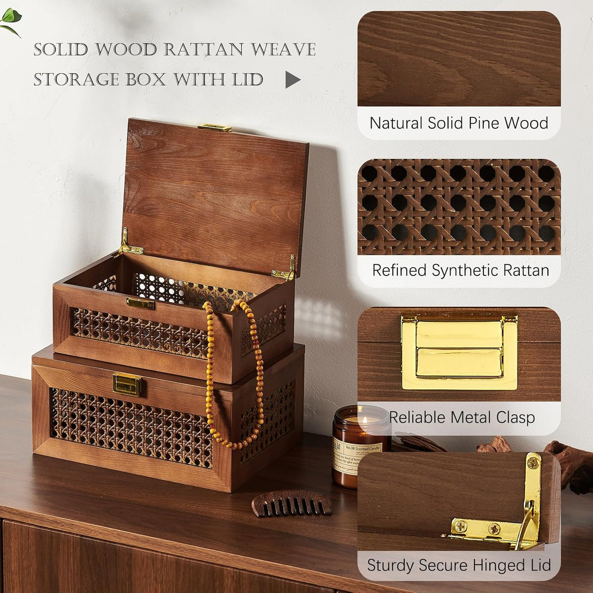 Decorative Rattan Storage Boxes Baskets with Lid Wooden Frame