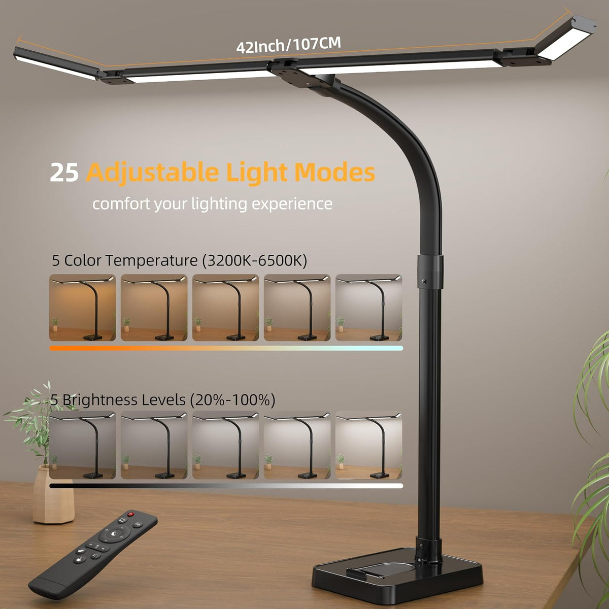 LED Desk Lamp for Home Office, Eye-Caring Desk Light with Remote,Adjustable F...