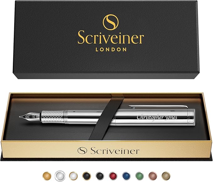 Scriveiner Personalized Silver Chrome Fountain Pen, Award Winning Luxury Pen - Image 9