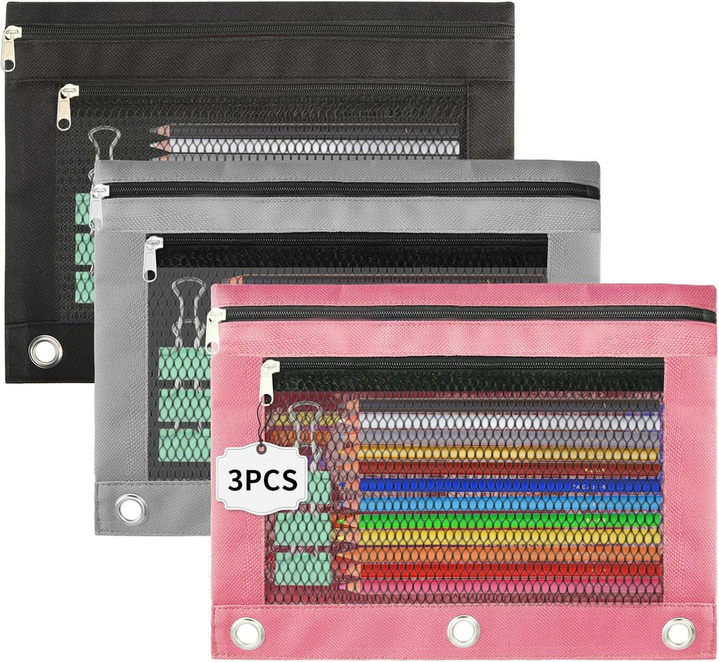 Pencil Pouch for 3 Ring Binder - 3 Pack Zippered Pencil Pouches with Transparent Mesh Window| Binder Pouch with Smooth Zippers| Zippered Pencil Bag for School Office Students, Black+Grey+Pink