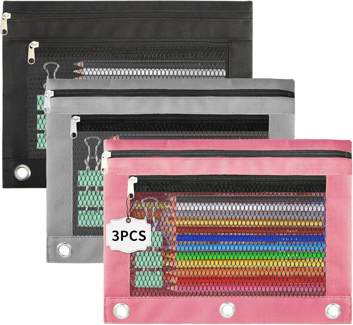 Pencil Pouch for 3 Ring Binder - 3 Pack Zippered Pencil Pouches with Transparent Mesh Window| Binder Pouch with Smooth Zippers| Zippered Pencil Bag for School Office Students, Black+Grey+Pink