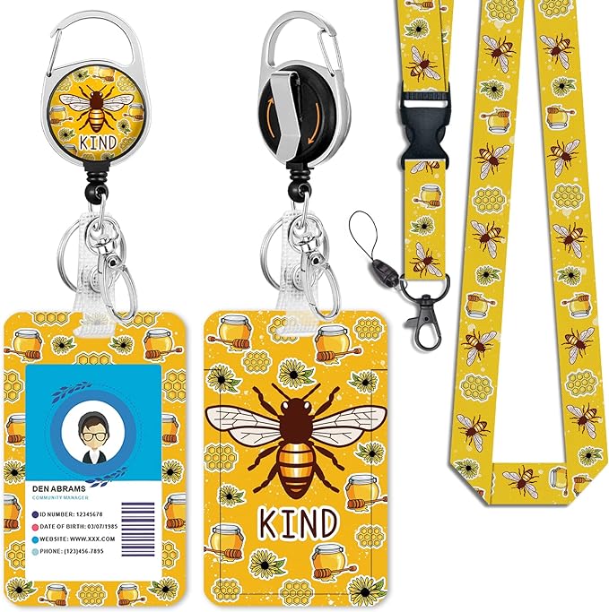 Cute Bee Kind Lanyards for Id Badges, Retractable ID Badge Holder by Giancomics