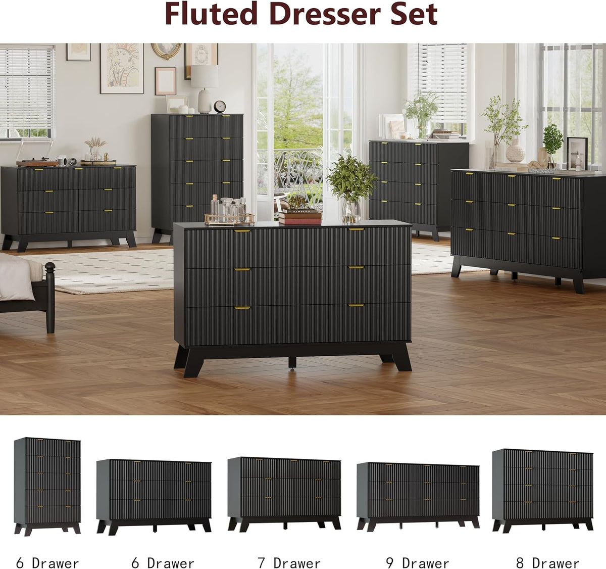 Black Dresser 6 Drawer Dresser for Bedroom, 47''W Fluted Wooden Dress...