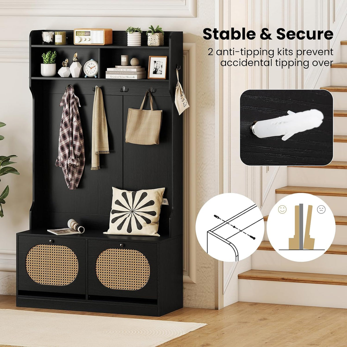 GIANTEX 4-In-1 Hall Tree with Bench and Shoe Storage, Entryway Bench with Coa...