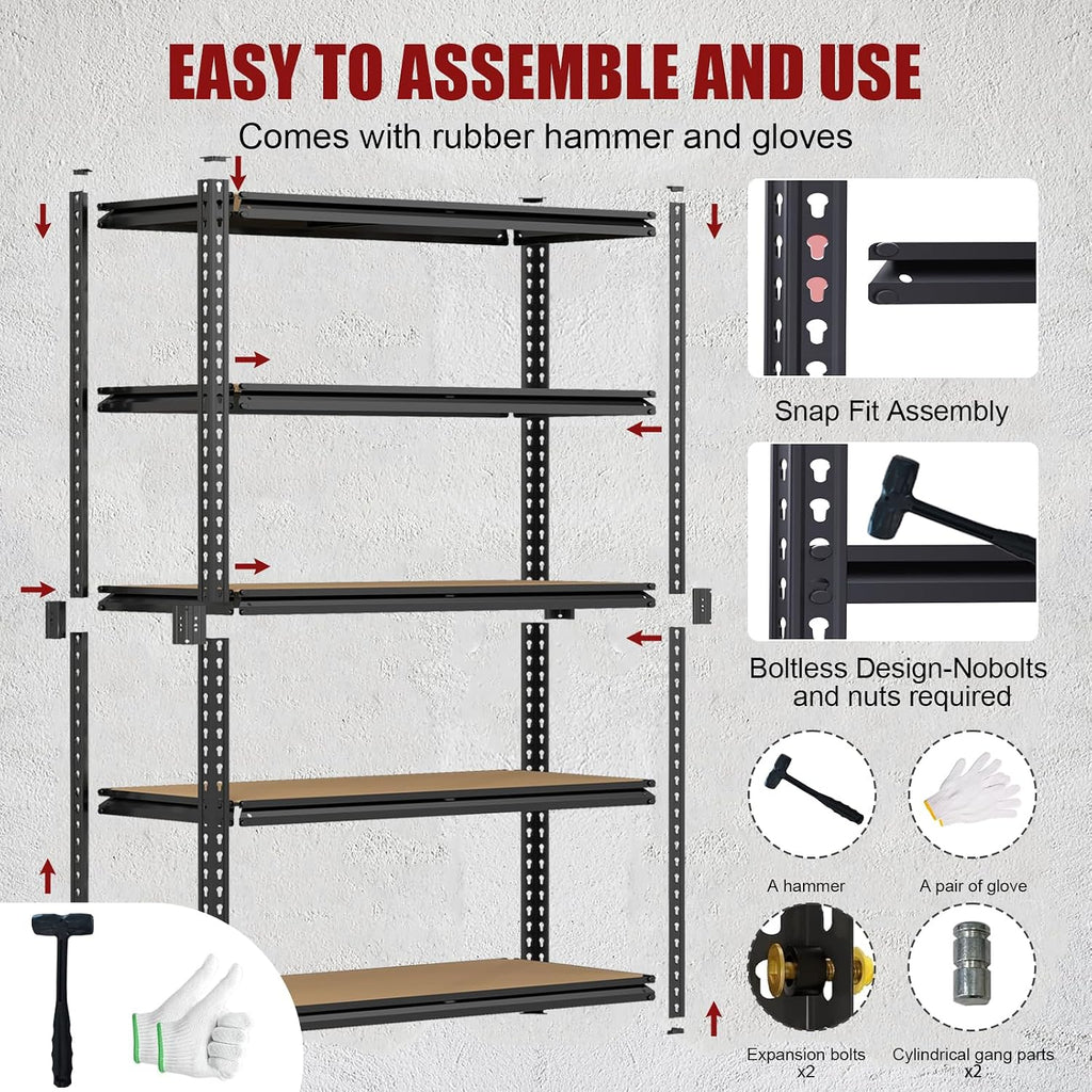 72" h heavy duty garage shelving, 2400lbs capacity, front angle view