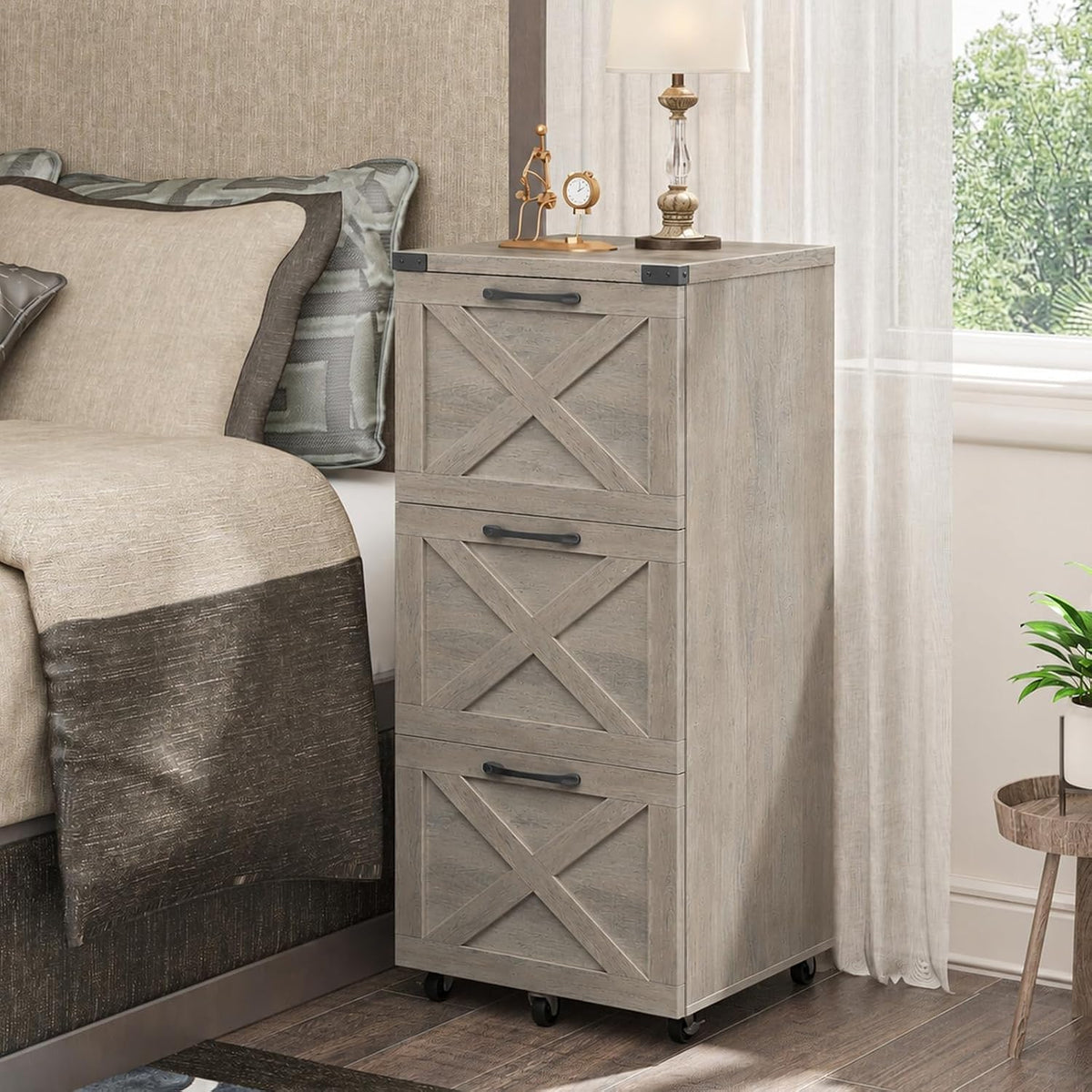 3 drawers tall farmhouse file cabinet with wheels, front angle view