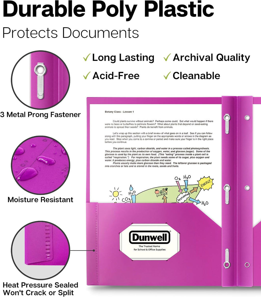 Dunwell 2-Pocket 3-Prong Folders, Clear Front Pocket, 6 Pack, Poly | 6 Vibrant Colors, Durable Acid-Free Poly Plastic, Binder Folders with Brads, Includes Labels