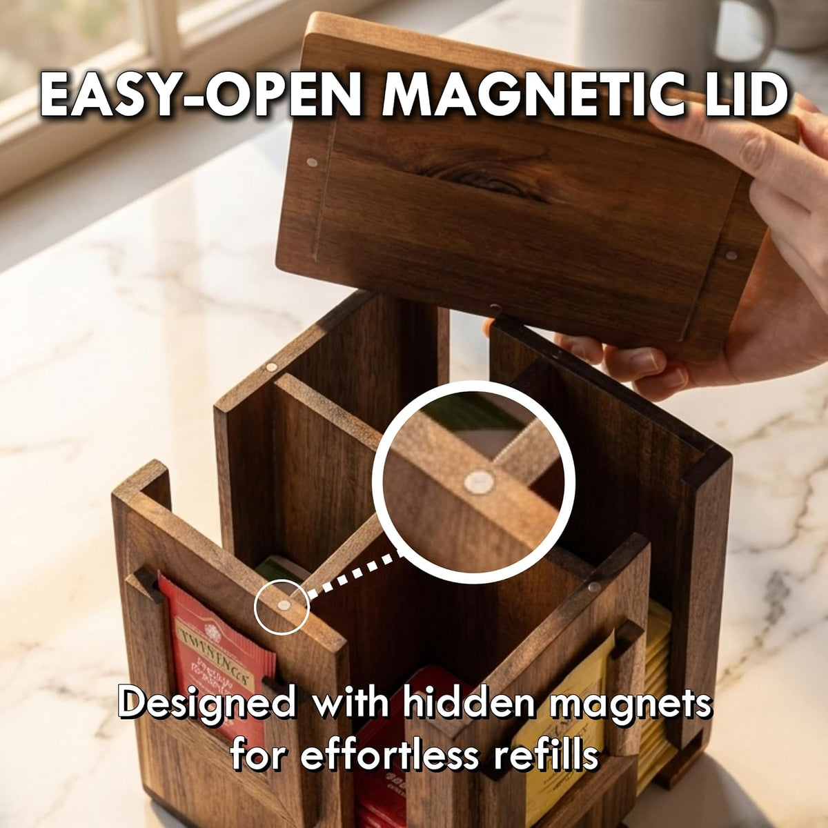 Rotating Tea Bag Organizer for Countertop - 4-Sided Acacia Wood Tea Storage C...