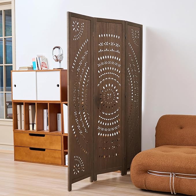 66.9Inch Folding Room Divider, 3 Panels Wood Carved Privacy Screens, Free - Image 3
