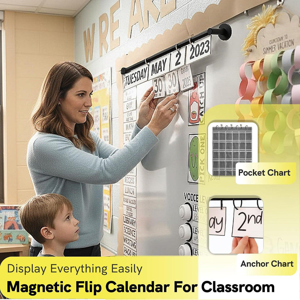 ULIBERMAGNET Magnetic Classroom Whiteboard Bar, Flip Calendar Holder with 5 Hanging Rings & 5 Clips, Magnetic Adjustable Length Anchor Chart Rack for Whiteboard, Office, Classroom, Lesson Plans