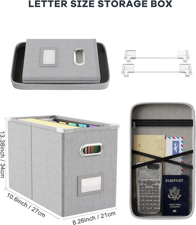 Oterri File Organizer with Lid, Hanging Filing Box with Mesh Pocket, Document - Image 2