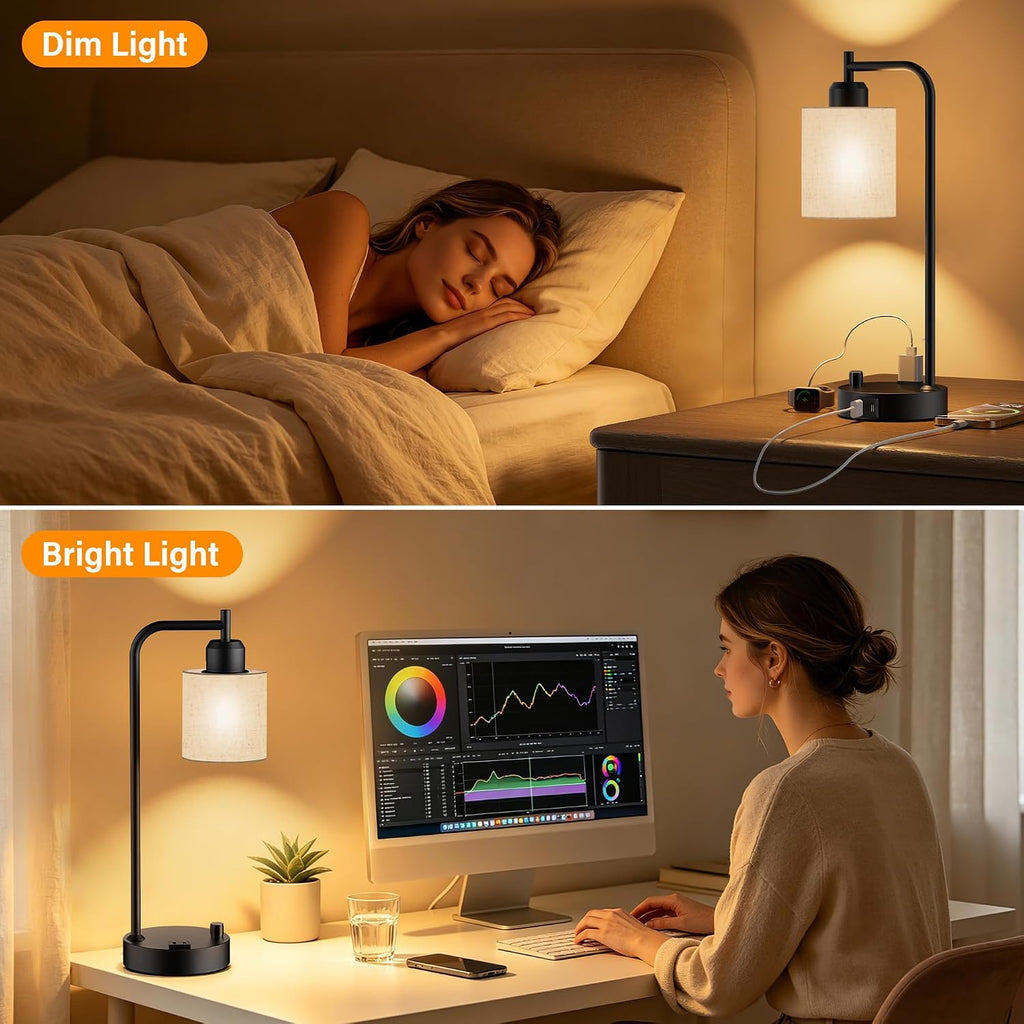 sibrille industrial table lamps with linen shade, set on a desk or shelf