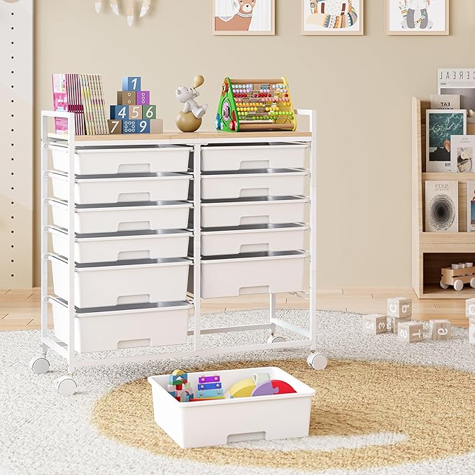 Rolling Storage Cart with 12 Drawers, Wooden Tabletop Utility Cart - Image 9