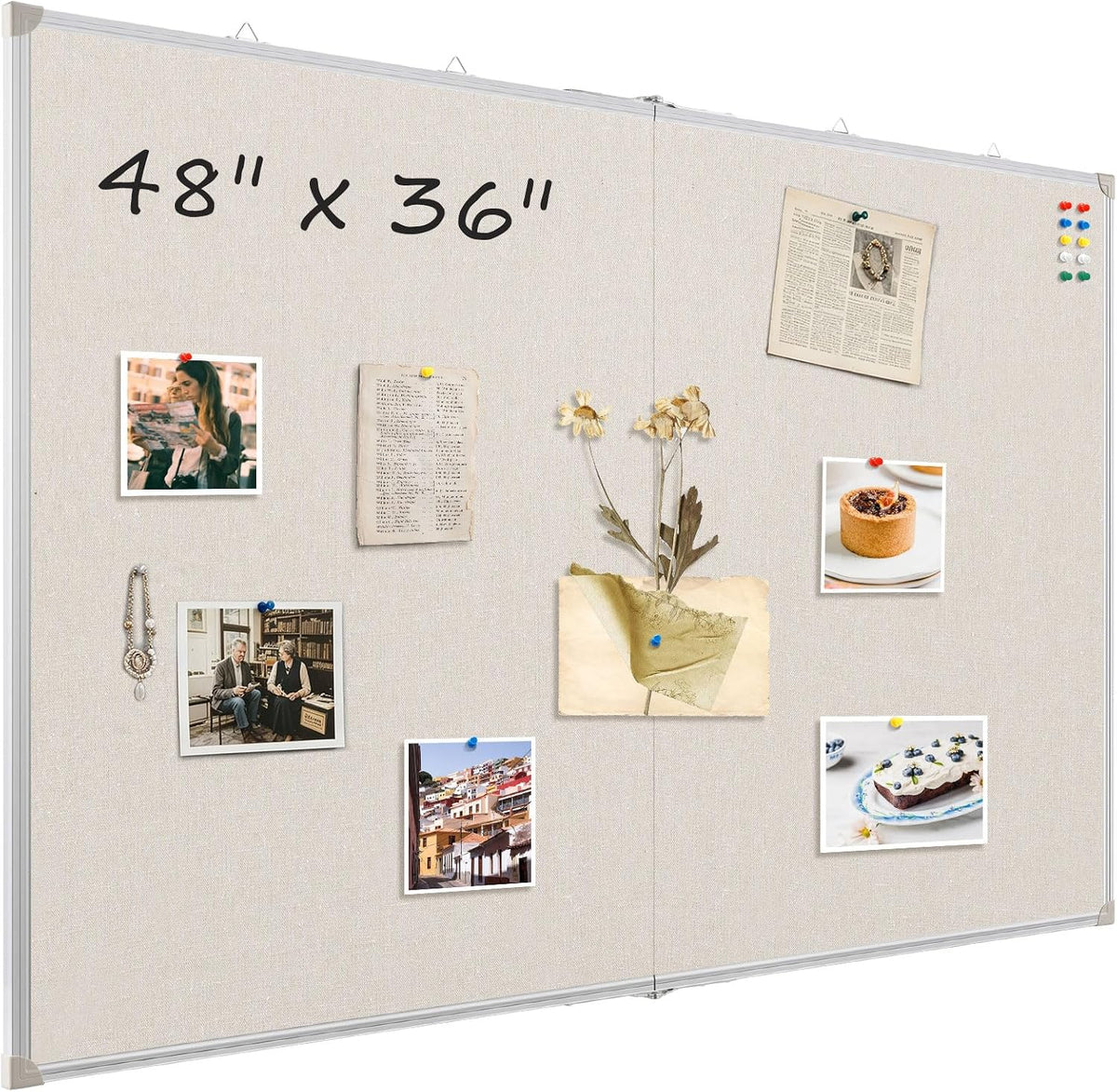 Double-Sided Large Foldable Cork Board with Linen, 48" x 36"