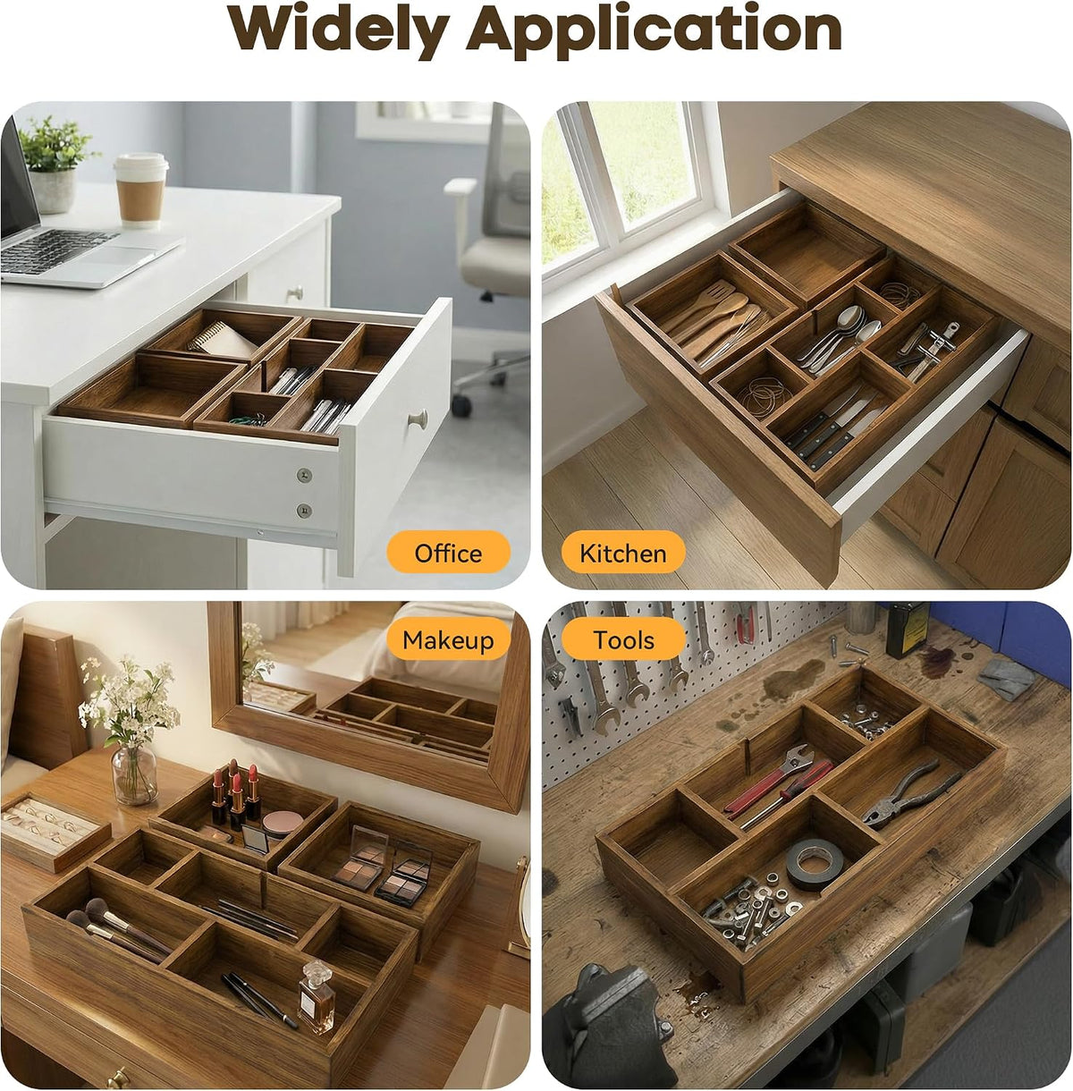 KOCWELL Bamboo Desk Drawer Organizer with Removable Dividers,Multi-Use Office...