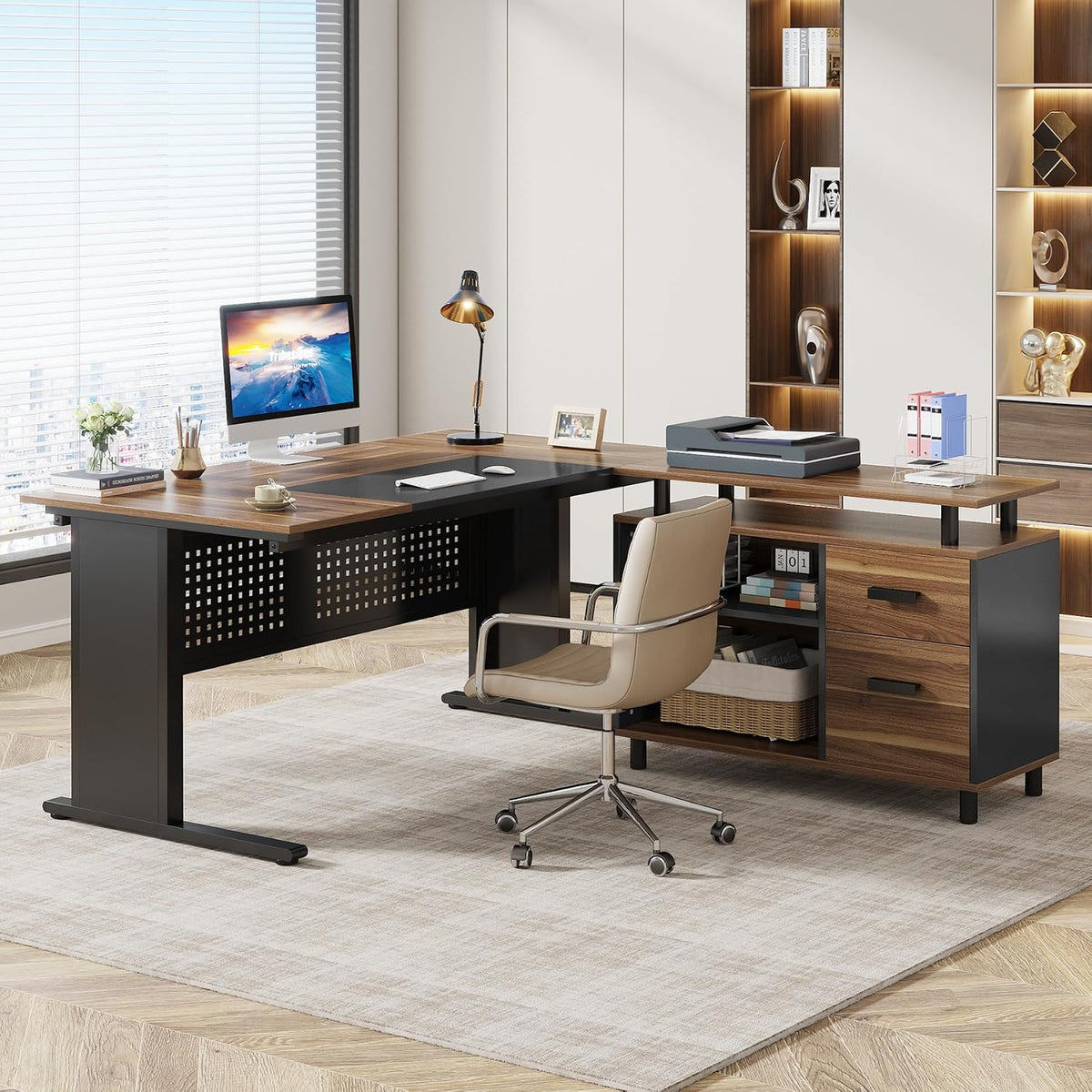 Tribesigns 63 Inch Executive Desk with File Cabinet, L Shaped Office Desk