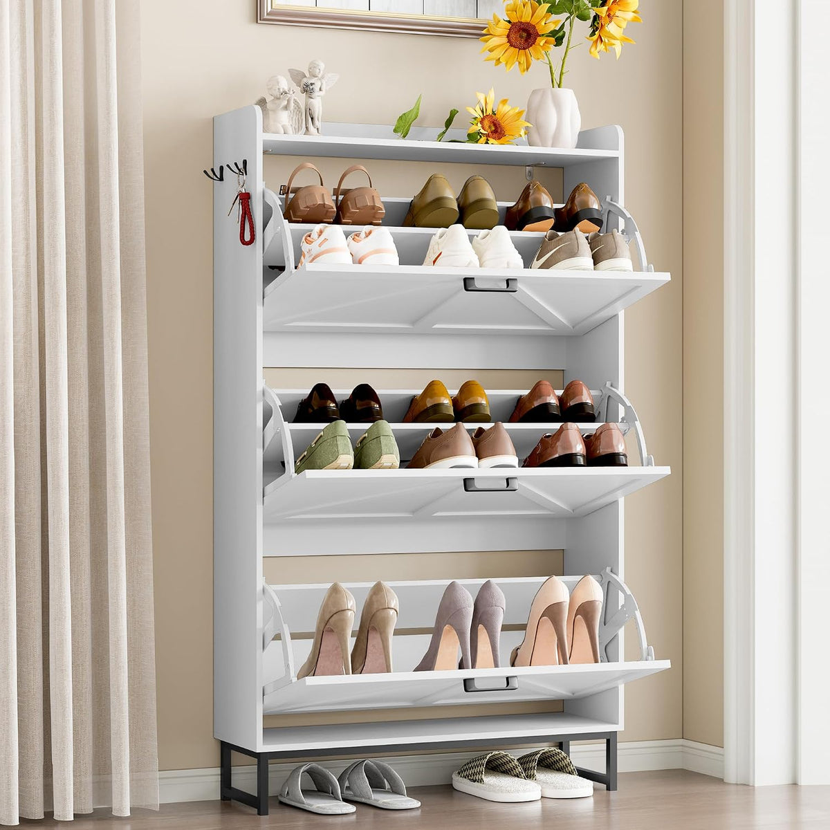 BORNOON Shoe Cabinet with 3 Flip Drawers Narrow Shoe Storage Cabinet Organize...