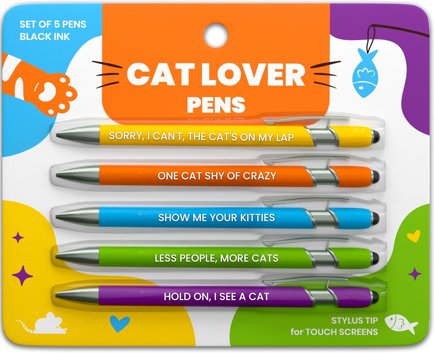 Funny Cat Lover Gift Pen Set, 5 Black Ink Ballpoint Pens, Stylus Tip | Smooth Writing, Metal Barrel, Kitty-Themed Quotes, Gift for Cat Mom, Friends, Pet Owner, Birthdays