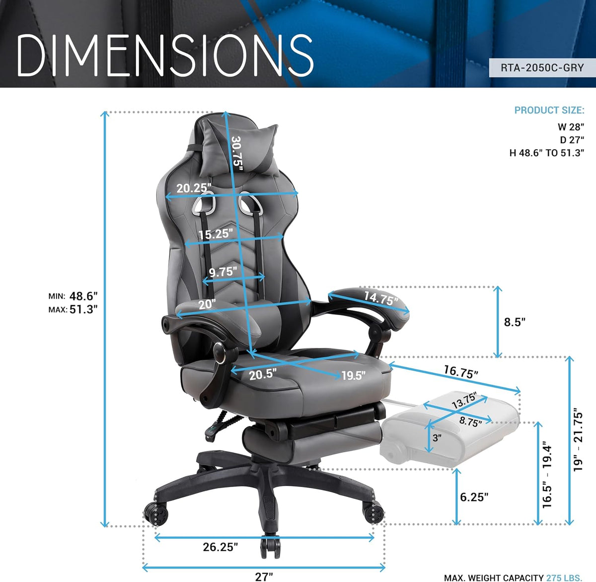Techni Mobili Executive Gaming Chair with Footrest, 150° Reclining, Grey