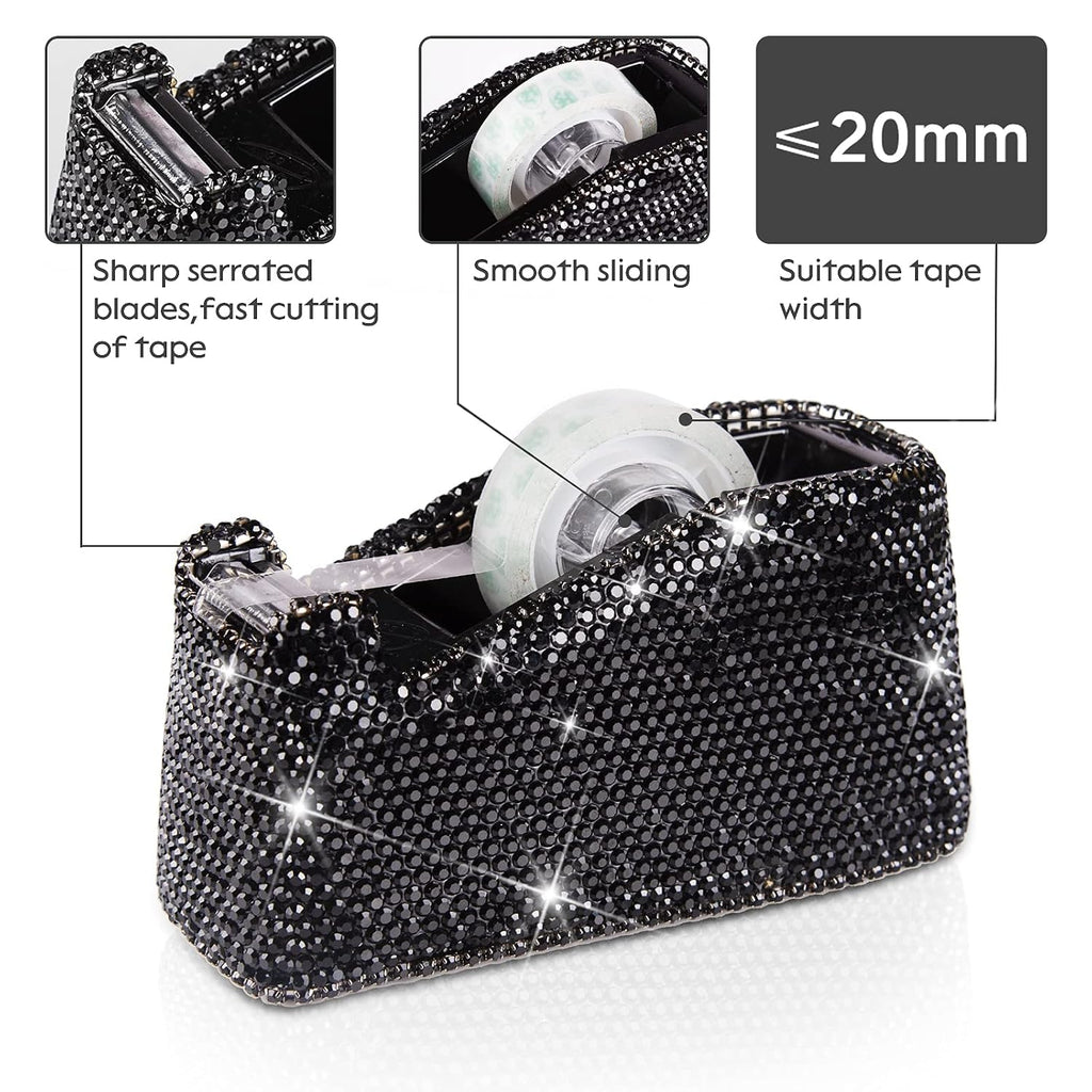 Bling Crystal Luxury Handmade Diamond Desktop Tape Dispenser for Fashion Girls Women (Black)