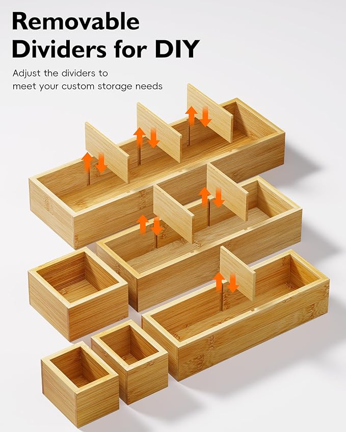 VA1KENE 12-Piece Bamboo Desk Drawer Organizer Set – Adjustable Storage Boxes - Image 2