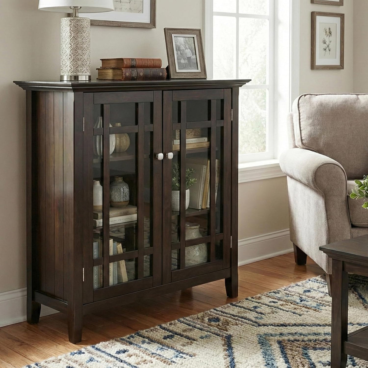 SIMPLIHOME Bedford 39" Wide Solid Wood Cabinet in Brunette Brown