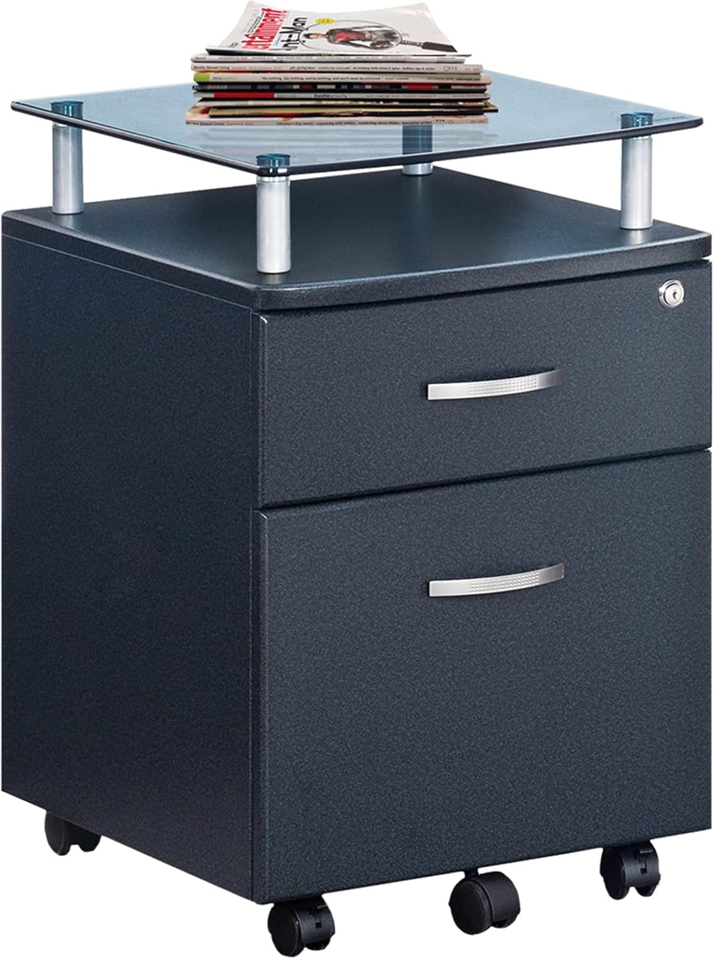 2‑Drawer Rolling File Cabinet with Lock, Glass Top,Fits Under‑Desk,Graphite | Rolling 2‑drawer file cabinet with lock, glass top, storage shelf, smooth wheels, under‑desk design work as a printer stand