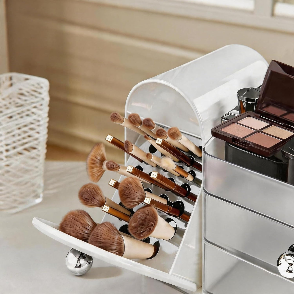 Makeup Organizer with Makeup Brush Holder, 2 Drawer, White