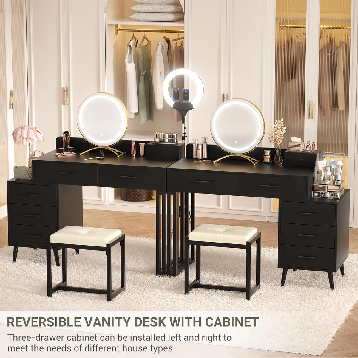 Armocity Black Vanity Desk with Mirror and Lights, Modern Makeup Vanity Table...
