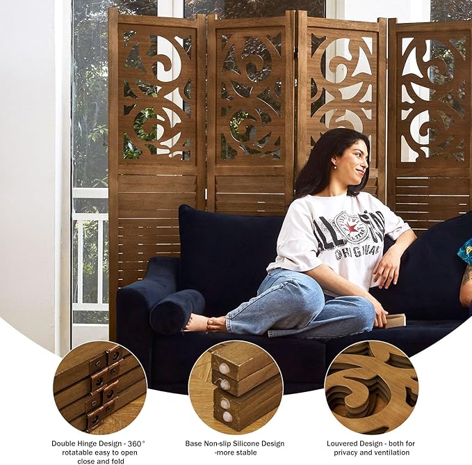 Room Divider Wood Carved Wall Divider Indoor Folding Portable Partition Screen - Image 3