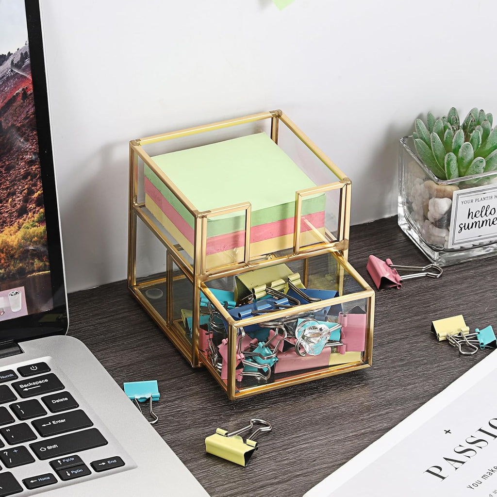 BTSKY Golden Glass 3x3 Inch Sticky Note Holder with Drawer, Elegant Post It Note Dispenser with Non-Slip Pads Clear Notepad Holder for Desk Organization Planning, Home Office Decor