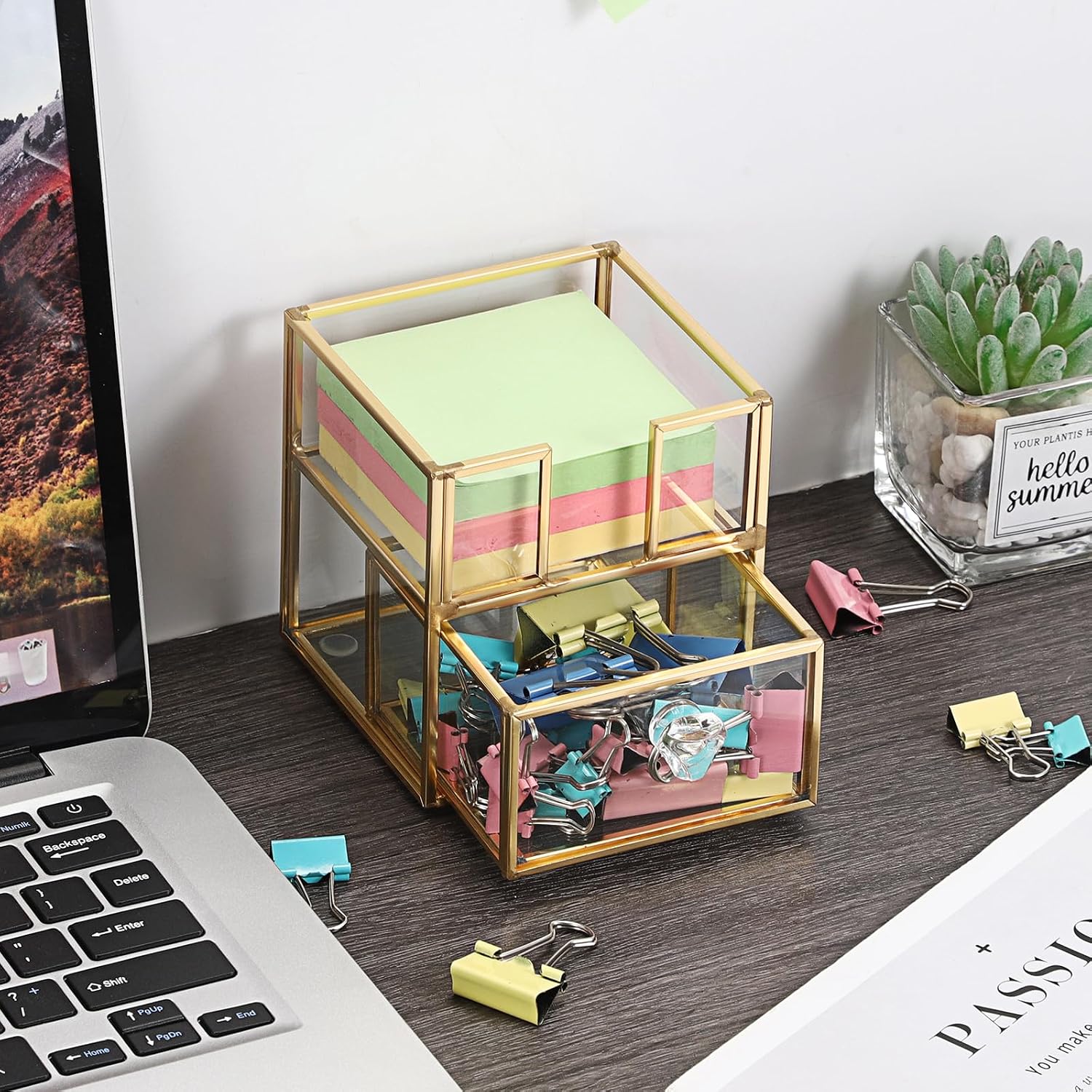 BTSKY Golden Glass 3x3 Inch Sticky Note Holder with Drawer, Elegant Post It Note Dispenser with Non-Slip Pads Clear Notepad Holder for Desk Organization Planning, Home Office Decor