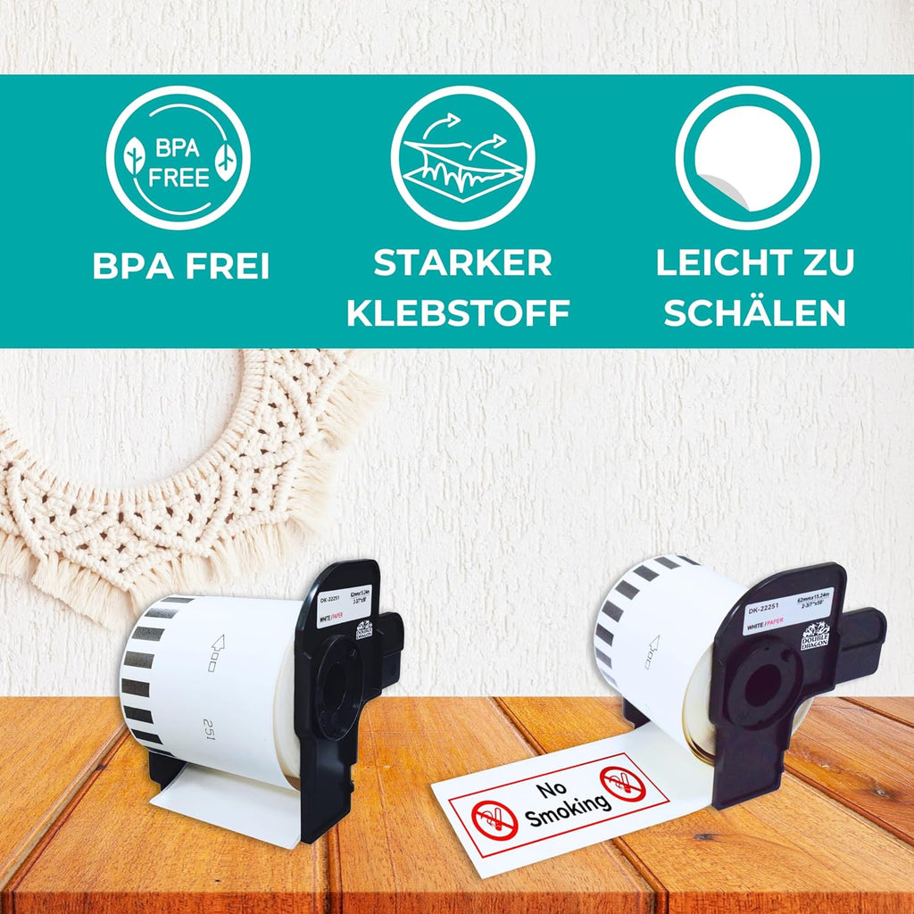 Double Dragon DK-22251 Continuous Labels Roll, 62mm(W) x 15.24m(L) | Red & Black Print on White | Compatible with Brother P-Touch QL-800, QL-810W, QL-820NWB | Comes with Holder (Pack of 10)