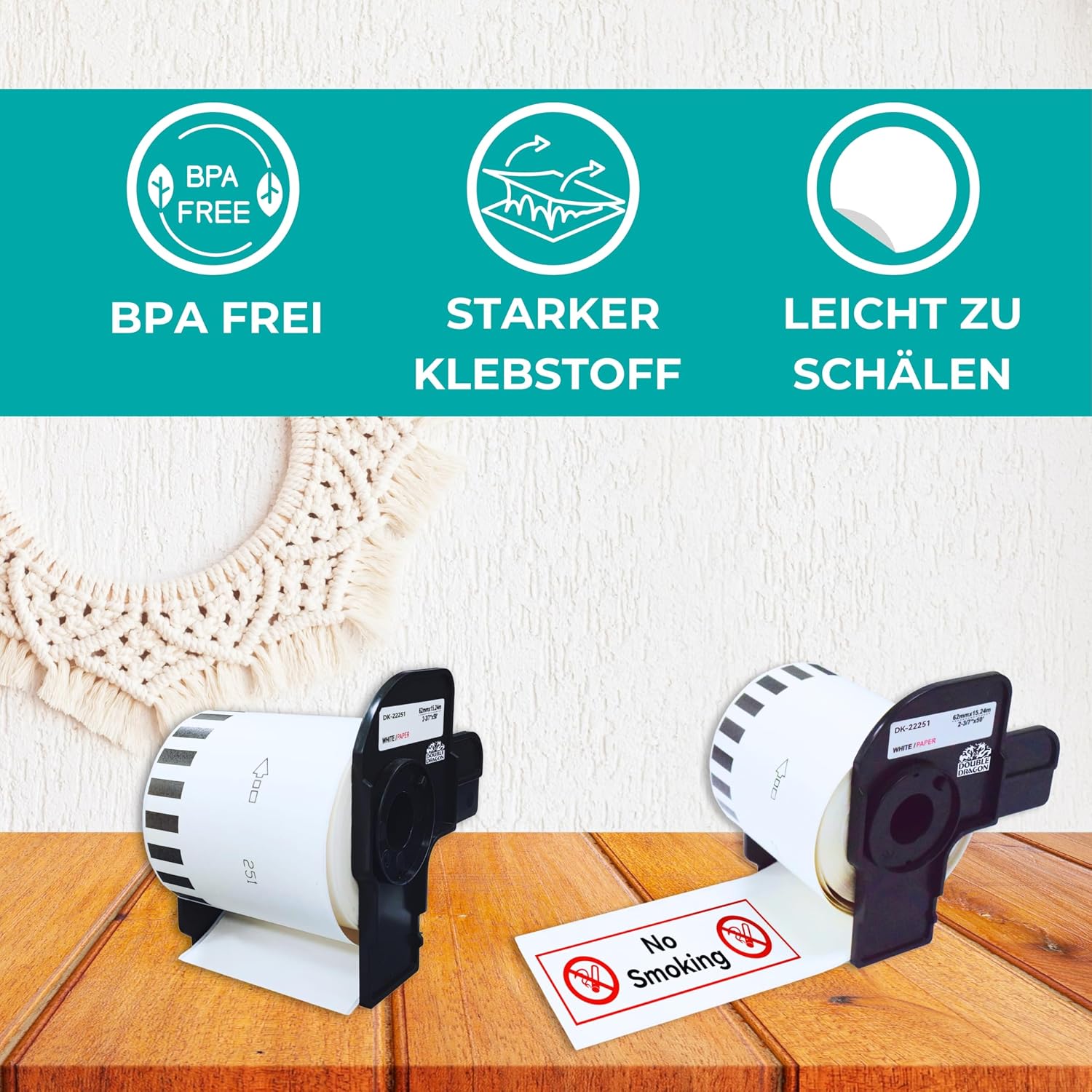 Double Dragon DK-22251 Continuous Labels Roll, 62mm(W) x 15.24m(L) | Red & Black Print on White | Compatible with Brother P-Touch QL-800, QL-810W, QL-820NWB | Comes with Holder (Pack of 10)