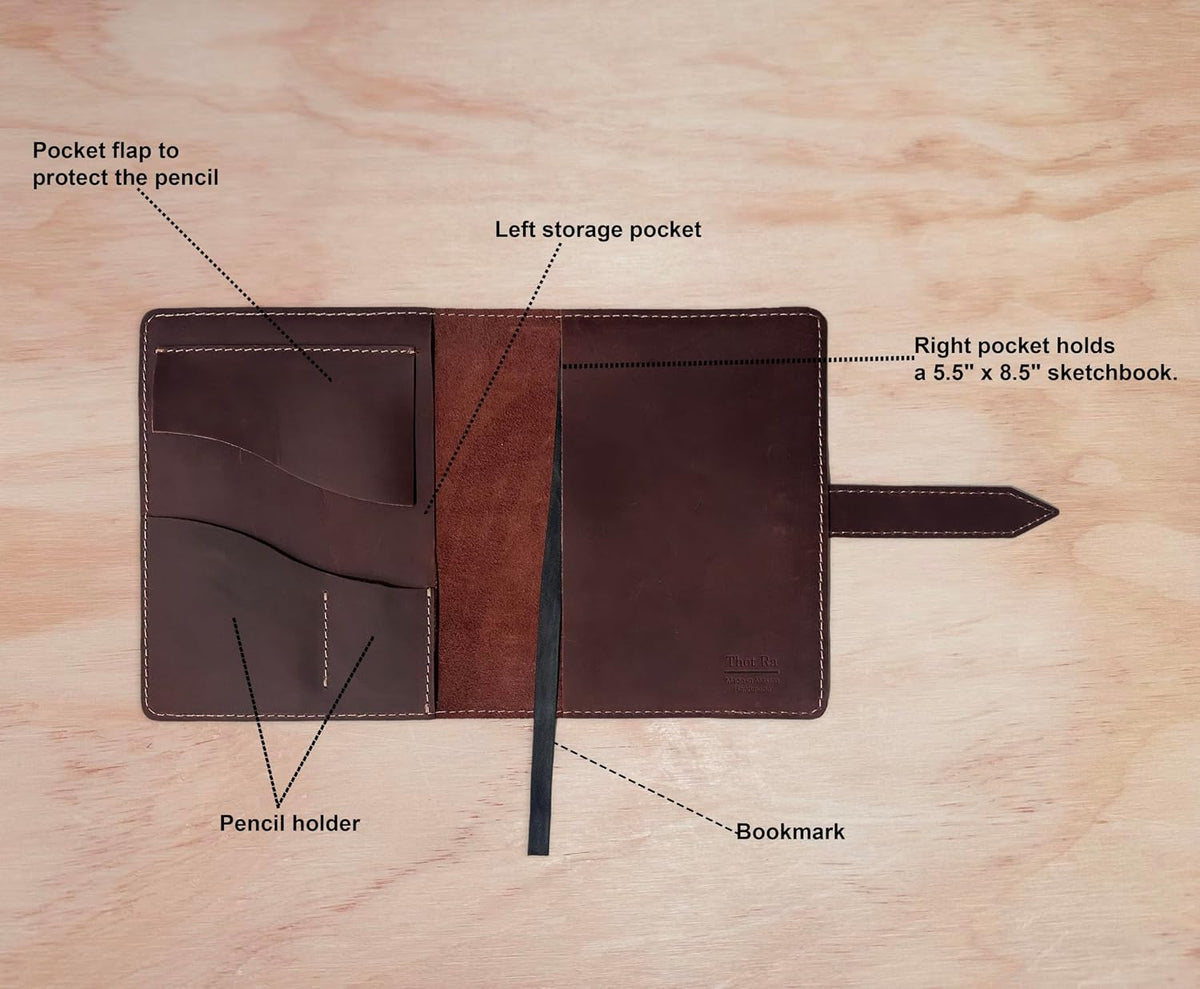 leather sketchbook cover for 5.5 x 8.5 sketchbook, package contents