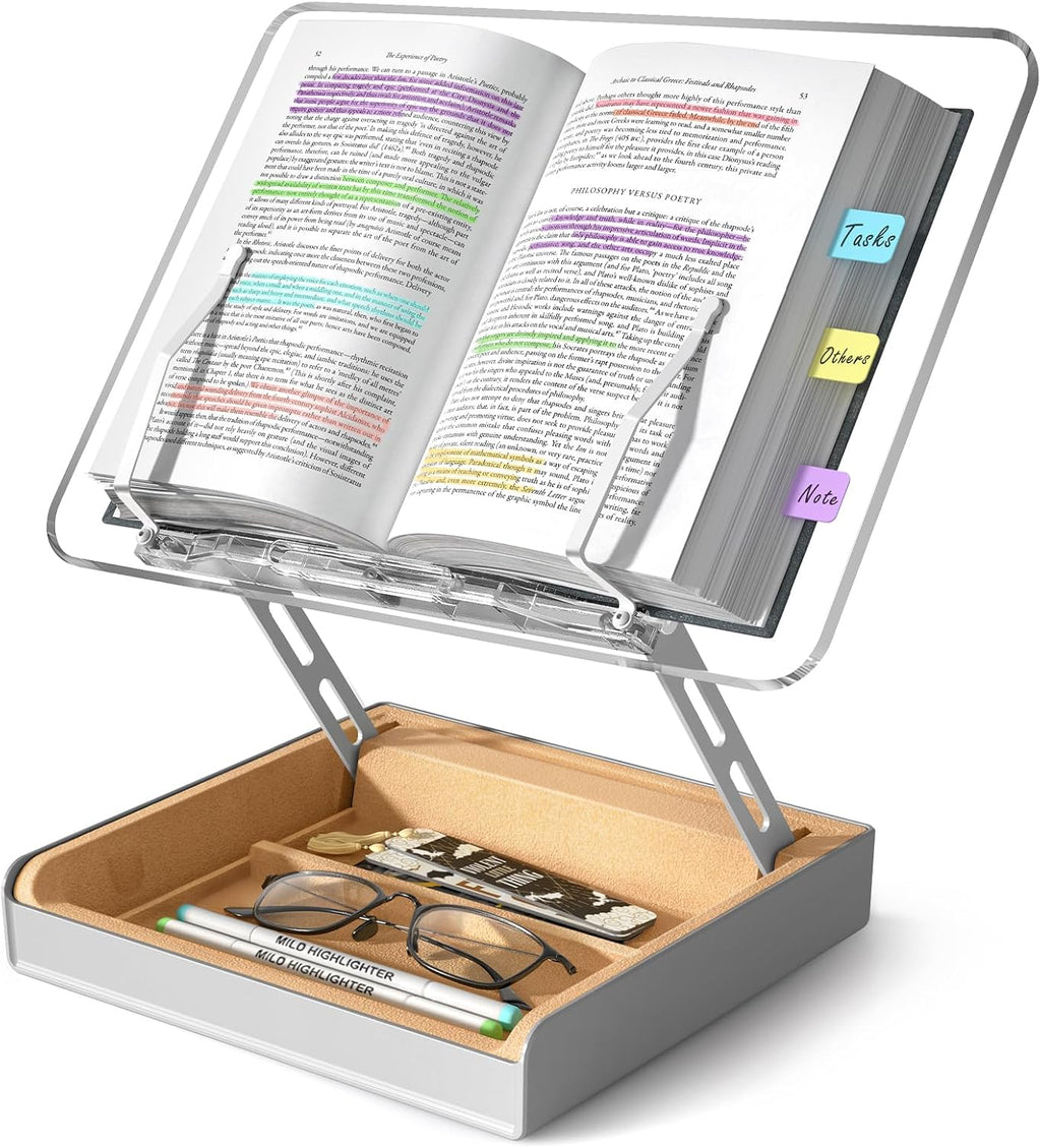Book Stand with Storage, Book Holder for Reading Hands Free | Wooden Cookbook Stand for Kitchen Counter, Adjustable Reading Stand for Desk, Recipe Stand, Book Prop for Book Lovers -Clear
