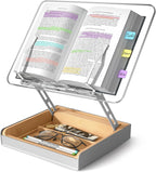 Book Stand with Storage, Book Holder for Reading Hands Free | Wooden Cookbook Stand for Kitchen Counter, Adjustable Reading Stand for Desk, Recipe Stand, Book Prop for Book Lovers -Clear