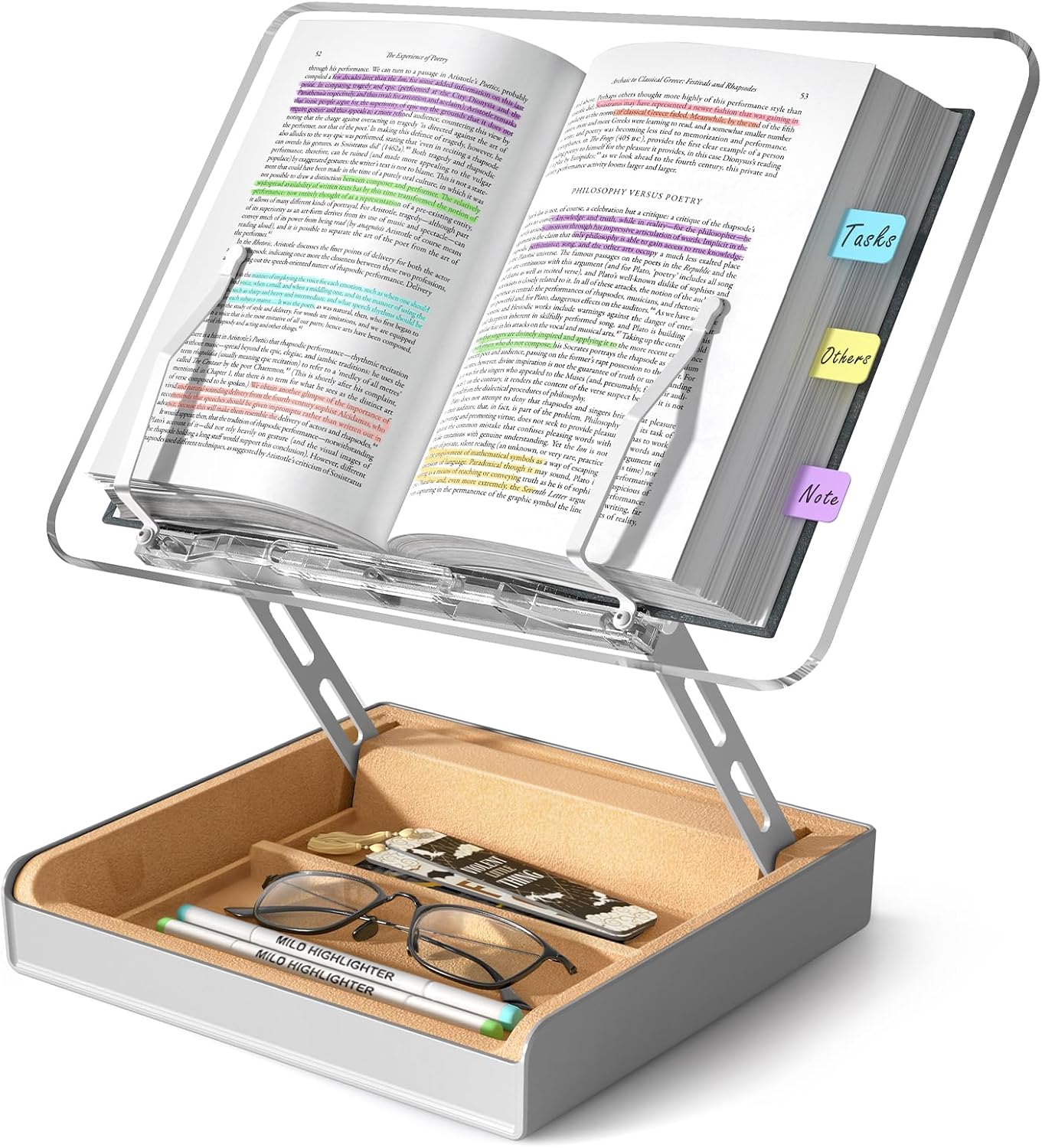 Book Stand with Storage, Book Holder for Reading Hands Free | Wooden Cookbook Stand for Kitchen Counter, Adjustable Reading Stand for Desk, Recipe Stand, Book Prop for Book Lovers -Clear