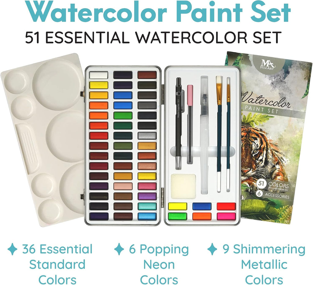 mozart supplies - watercolor paint set 51 vibrant shown in use